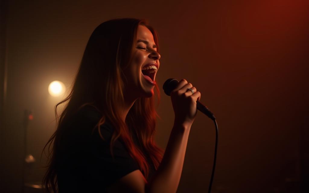 Person singing passionately in a studio setting