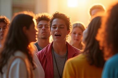 Group of people singing together in a workshop