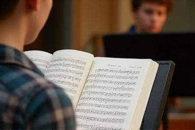 Student practicing singing with sheet music